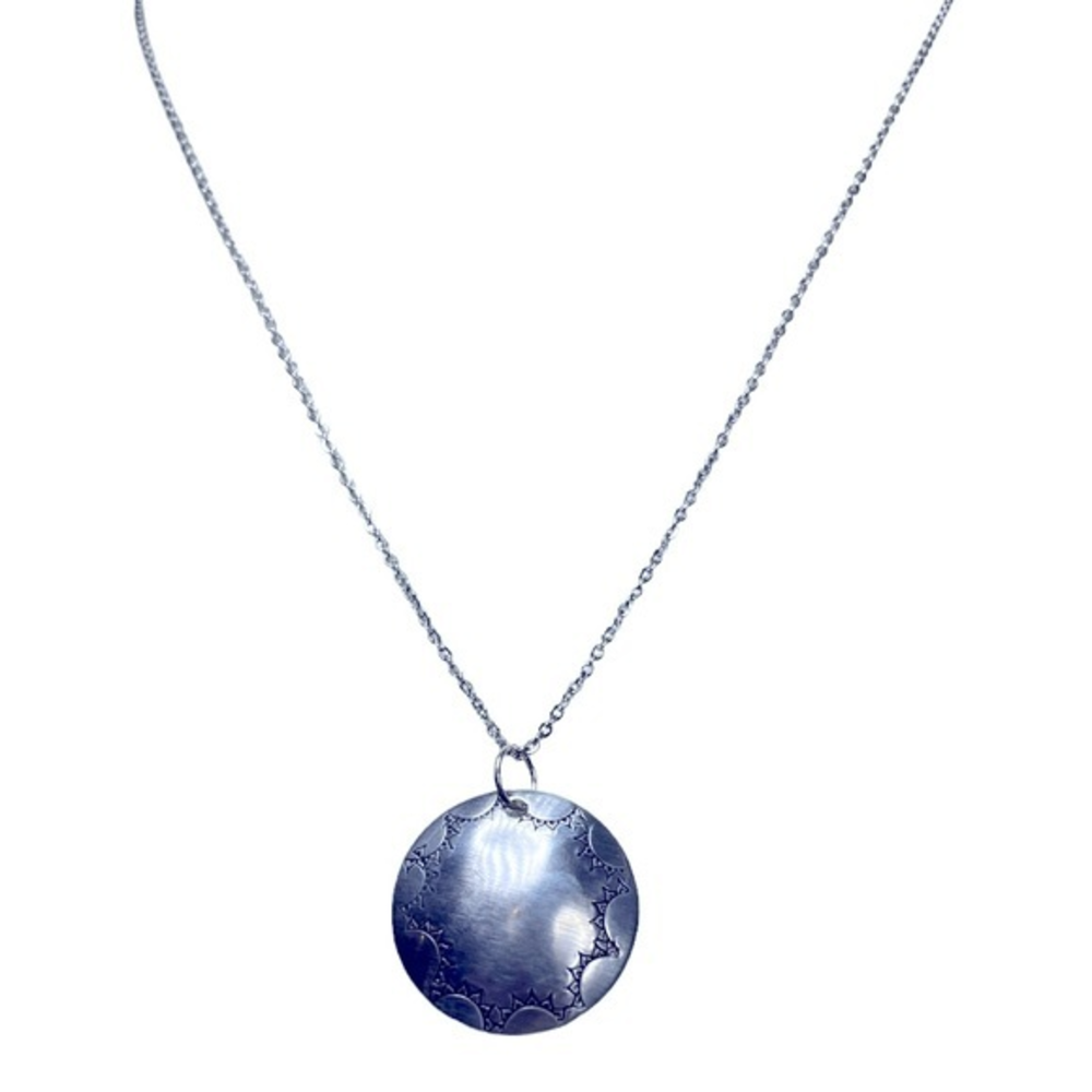 Handmade stamped sun mandala silver 20 inch stainless steel chain‎ necklace